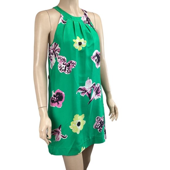 J.‎ Crew Green Floral Silk Dress Size 0 Shift Dress Halter Swoop Sleeveless - Picture 2 of 9